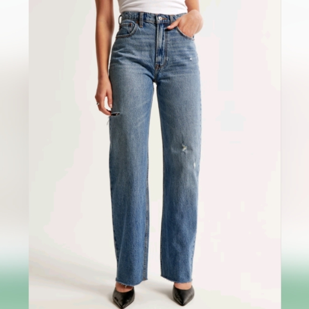 Abercrombie & Fitch High-Rise Straight Leg Distressed Jeans - Medium Blue